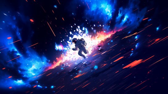An astronaut swiftly flying through in space, with a bright pixel light source in the background