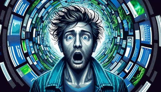 Pixel art rendering of a man with a shocked face, ruffled hair, in casual attire, circled by a spiral of website windows, indicating a sense of vertigo. Frontal portrait view. The background merges abstract digital elements, creating a surreal effect. Deep blues and greens, sharp pixel edges, illusion of depth, chaotic window patterns.